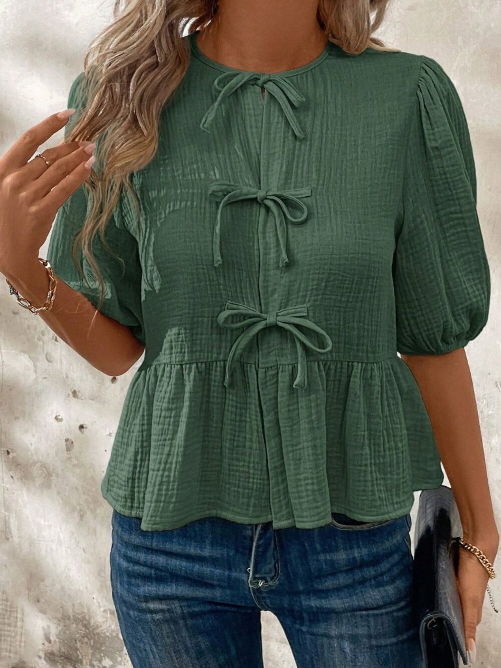 Green Casual Women's Bow Tie Front Ruffle Hem Puff Sleeve Blouse - Picture 3 of 5